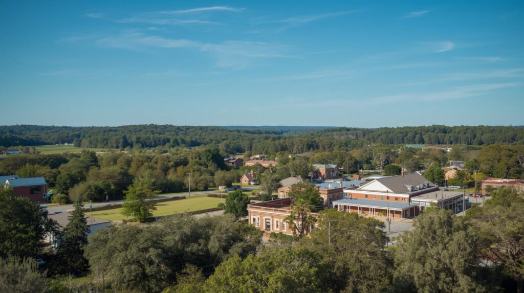Bird’s-eye view of a small town and surrounding trees in the South Carolina Midlands, representing travel to Winnsboro for addiction rehab.